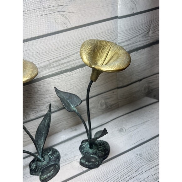 VINTAGE Verdigris Calla Lily Brass Candle Holder Art Nouveau Patina Leave Flower - Picture 10 of 10